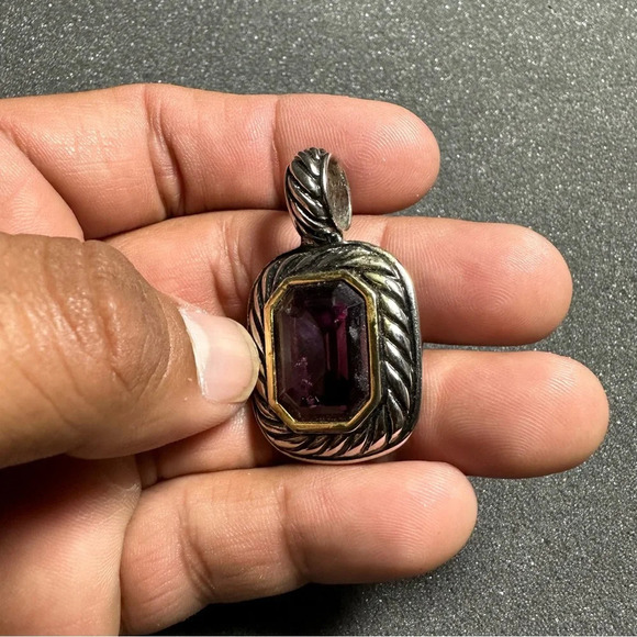 Silver Tone Purple Amethyst Like Gem Stone Rectangular Pendant Costume Jewelry - Picture 2 of 8